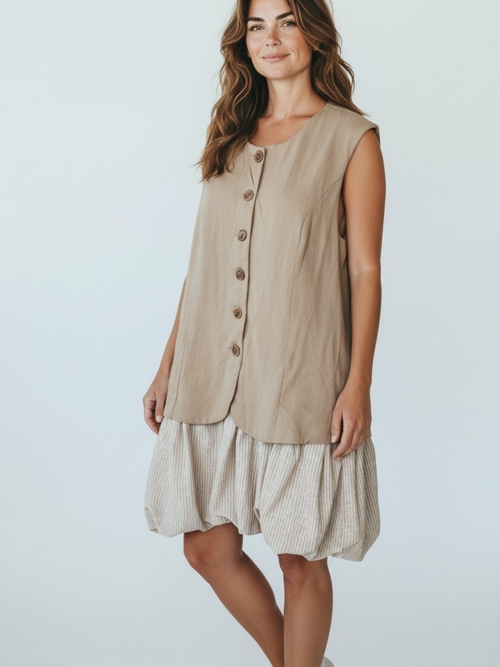 Neutral Sleeveless Button Front Bubble Dress